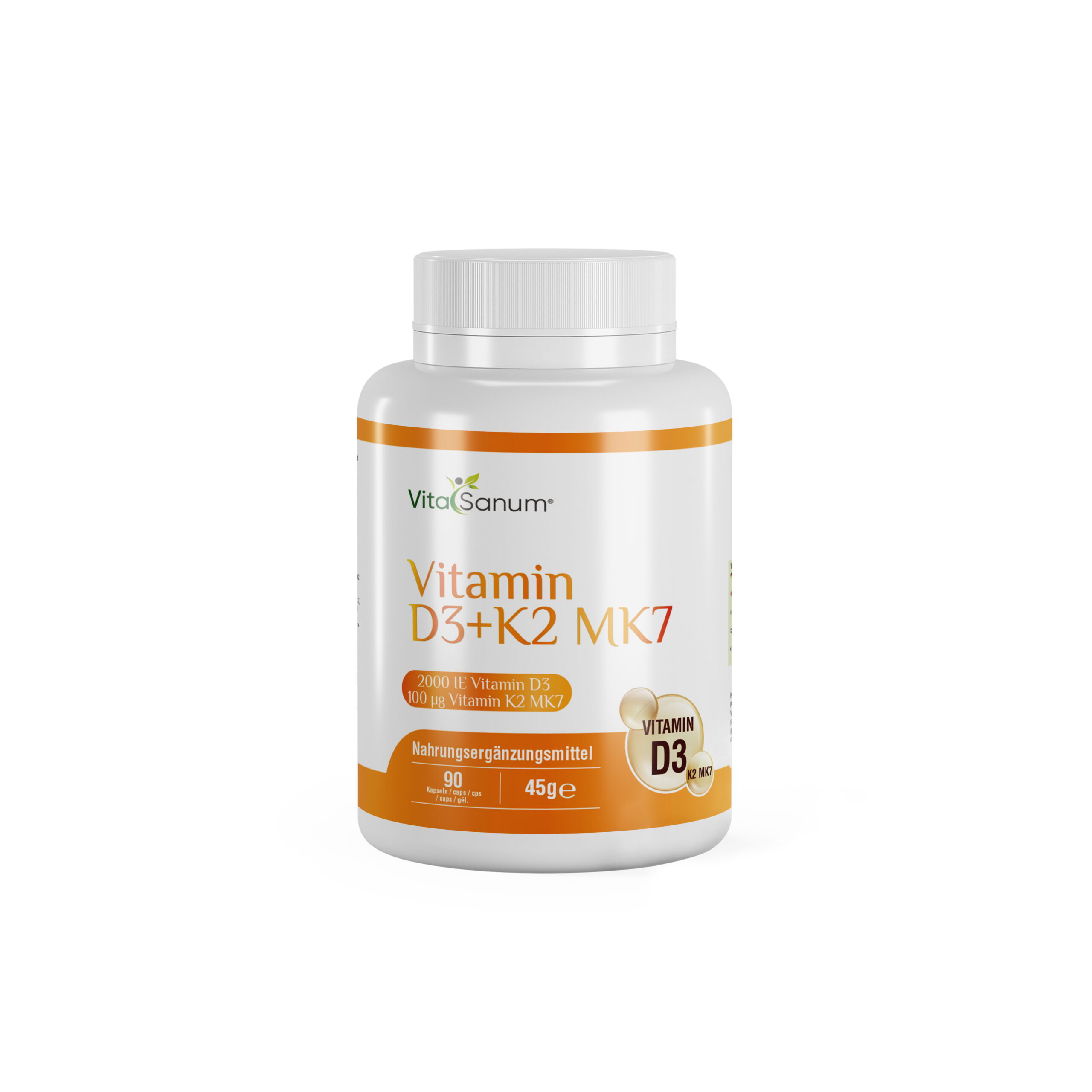 Vitamin D3+K2 MK7 front VitaSanum® - Vitamin D3 + K2 MK7 – Für Knochen, Herz und Immunsystem 90 Kapseln – Bild 1