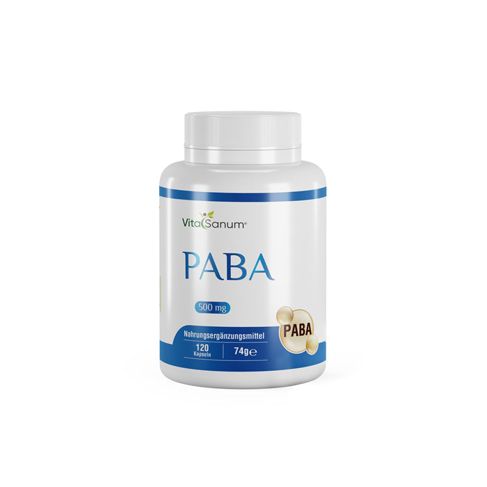 https://cdn.shopify.com/s/files/1/0915/8665/8688/files/PABA-front_jpg.jpg?v=1746265765 VitaSanum®- PABA (Para-Aminobenzoesäure) 500 mg 120 Kapseln