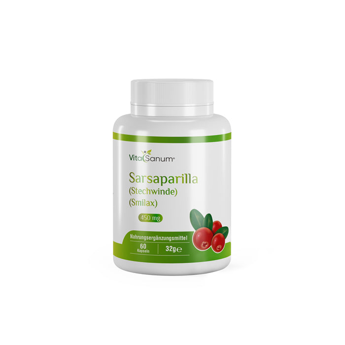 https://cdn.shopify.com/s/files/1/0915/8665/8688/files/Sarsaparilla-front.jpg?v=1746265751 VitaSanum® - Sarsaparilla (Stechwinde) (Smilax) 450 mg 60 Kapseln