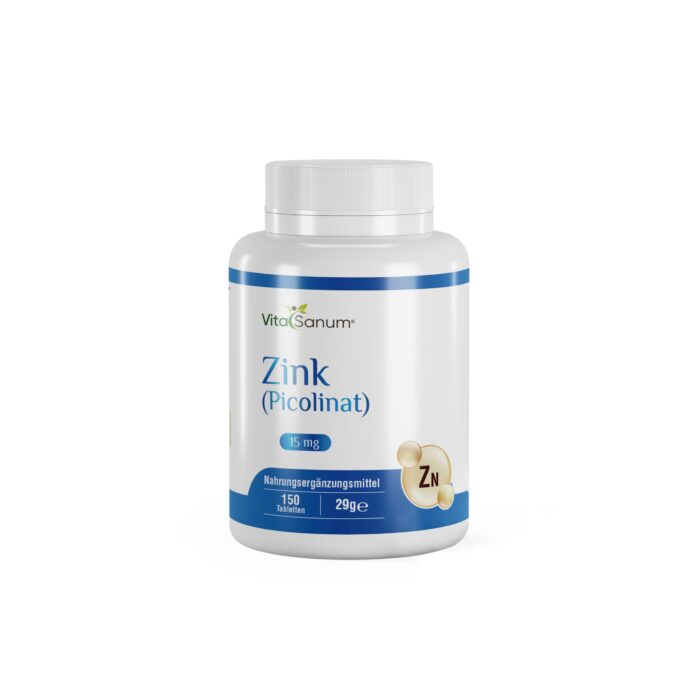 https://cdn.shopify.com/s/files/1/0915/8665/8688/files/Zink-front-scaled.jpg?v=1746265747 VitaSanum® - Zink (Picolinat) 150 Tabletten 15 mg